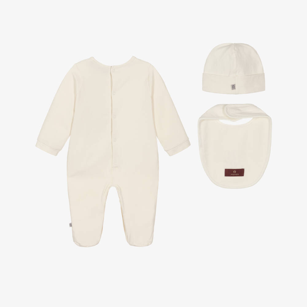AIGNER-Boys Ivory Pima Cotton Babygrow Set with Gold Logos | Childrensalon