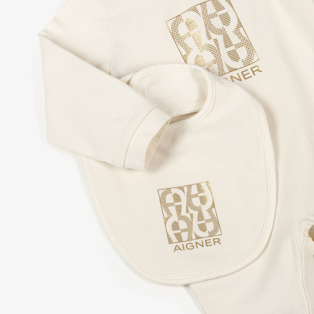 AIGNER-Boys Ivory Pima Cotton Babygrow Set with Gold Logos | Childrensalon