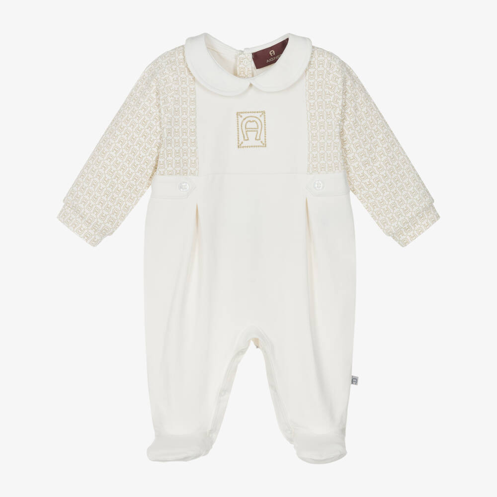 AIGNER-Boys Ivory Pima Cotton Babygrow with Logo Embroidery | Childrensalon