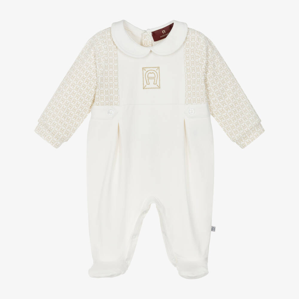 AIGNER-Boys Ivory Pima Cotton Babygrow with Logo Embroidery | Childrensalon
