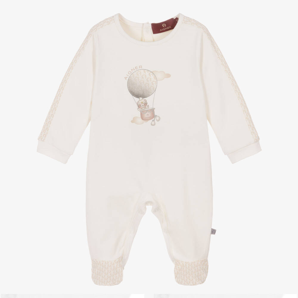 AIGNER-Boys Ivory Pima Cotton Teddy Bear & Logo Babygrow | Childrensalon