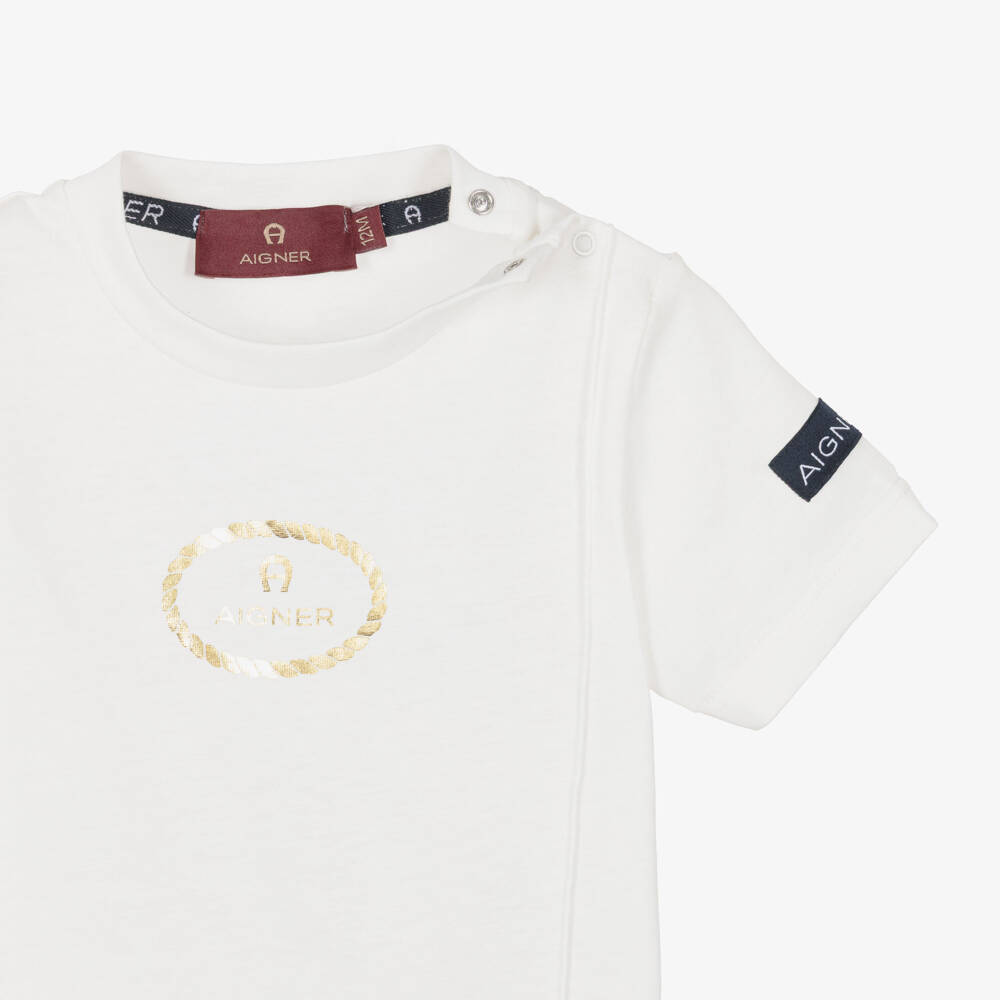 AIGNER-Boys Ivory T-Shirt & Navy Blue Cotton Poplin Shorts Set | Childrensalon