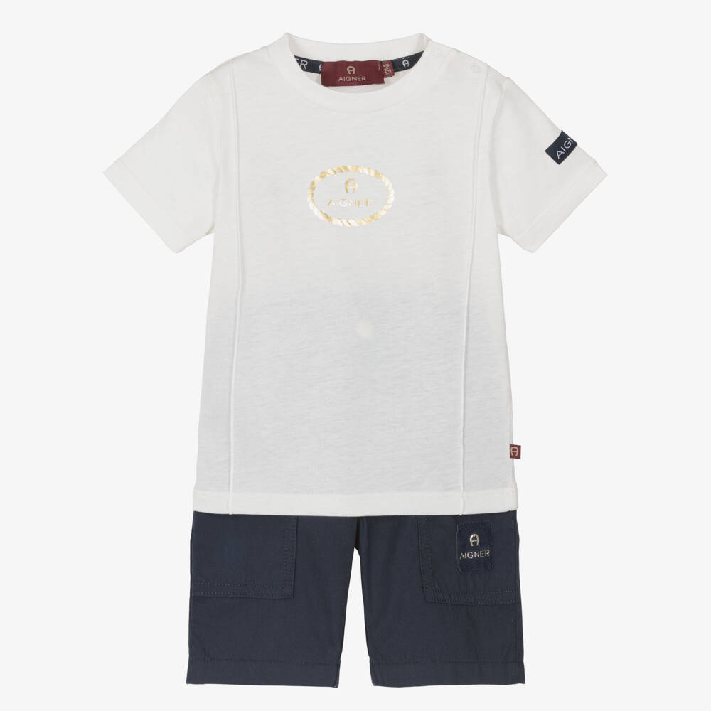 AIGNER-Boys Ivory T-Shirt & Navy Blue Cotton Poplin Shorts Set | Childrensalon