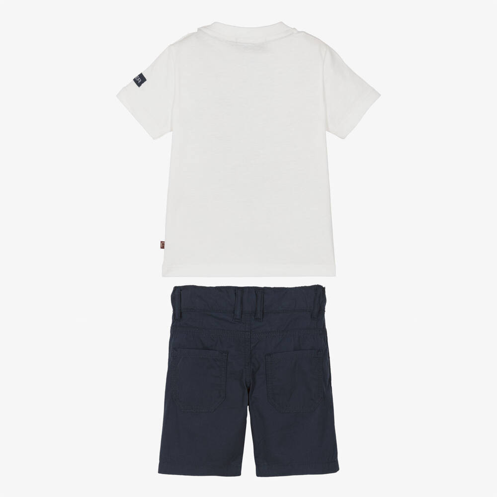 AIGNER-Boys Ivory T-Shirt & Navy Blue Cotton Poplin Shorts Set | Childrensalon