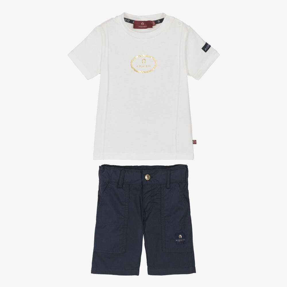 AIGNER-Boys Ivory T-Shirt & Navy Blue Cotton Poplin Shorts Set | Childrensalon