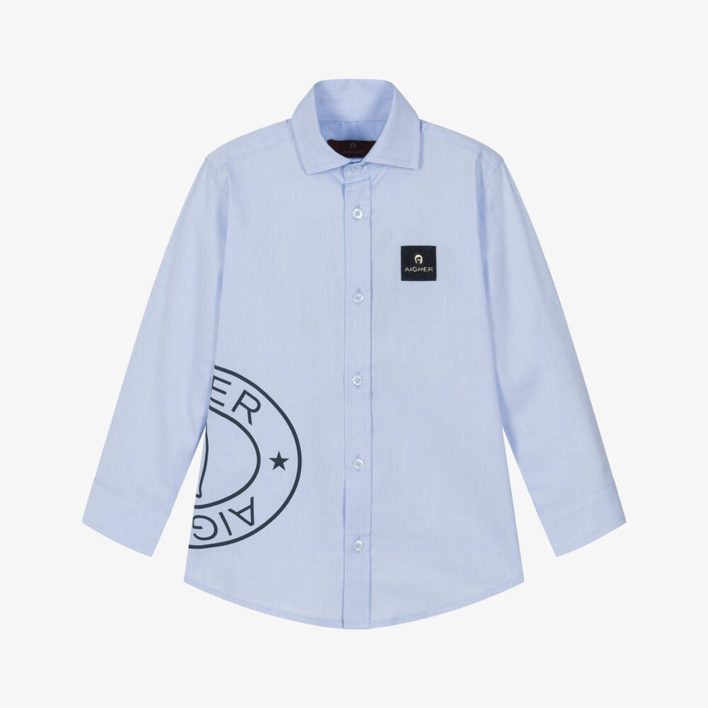 AIGNER-Boys Light Blue Cotton Shirt with Round Logo | Childrensalon