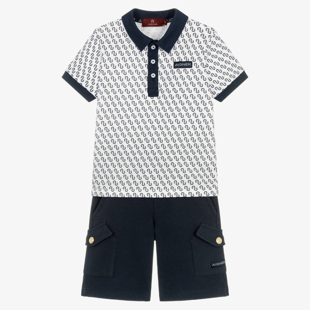 AIGNER-Boys Navy Blue Cotton A-Logo Polo Shirt & Shorts Set | Childrensalon