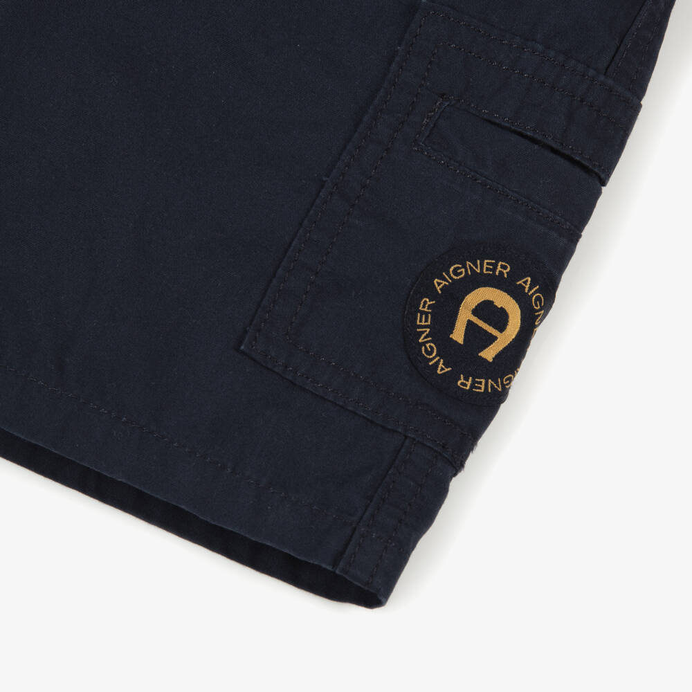 AIGNER-Boys Navy Blue Cotton Cargo Shorts with Logo | Childrensalon