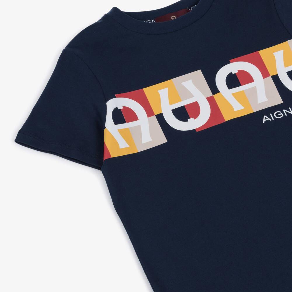 AIGNER-Boys Navy Blue Cotton Colourful Logo T-Shirt | Childrensalon