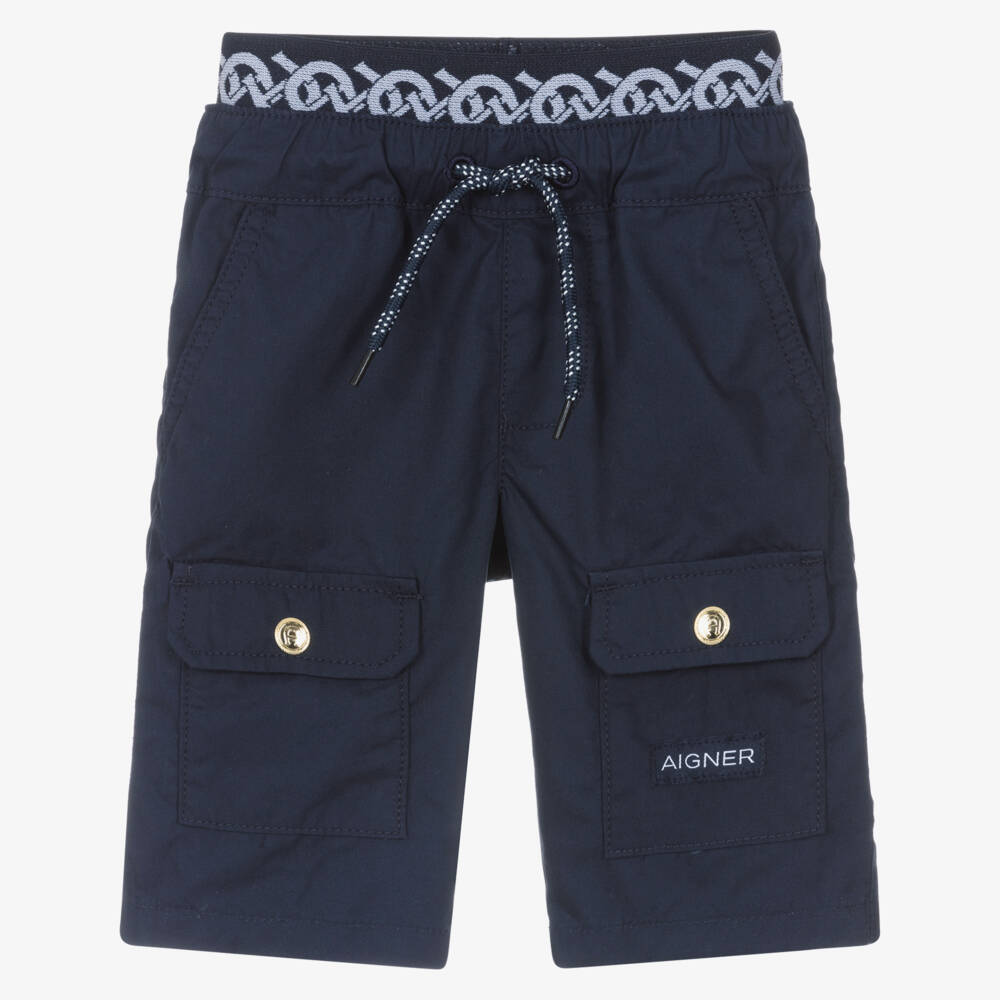 AIGNER-Boys Navy Blue Cotton Drawstring Cargo Shorts | Childrensalon