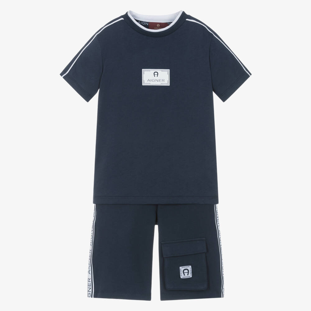 AIGNER-Boys Navy Blue Cotton Jersey Shorts Set with Logo Tape | Childrensalon