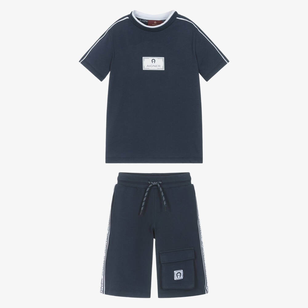AIGNER-Boys Navy Blue Cotton Jersey Shorts Set with Logo Tape | Childrensalon