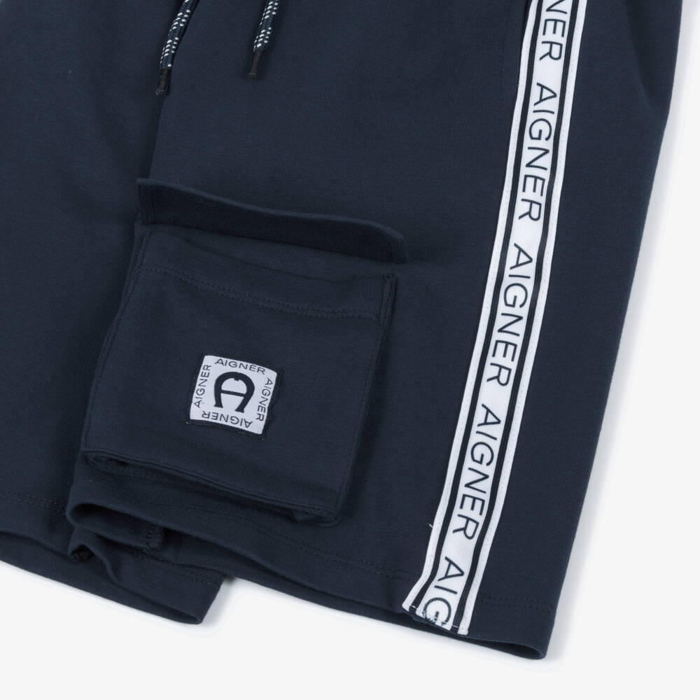 AIGNER-Boys Navy Blue Cotton Jersey Shorts Set with Logo Tape | Childrensalon