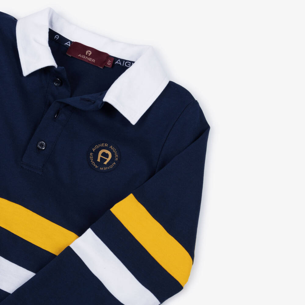AIGNER-Boys Navy Blue Cotton Long-Sleeved Polo Shirt | Childrensalon