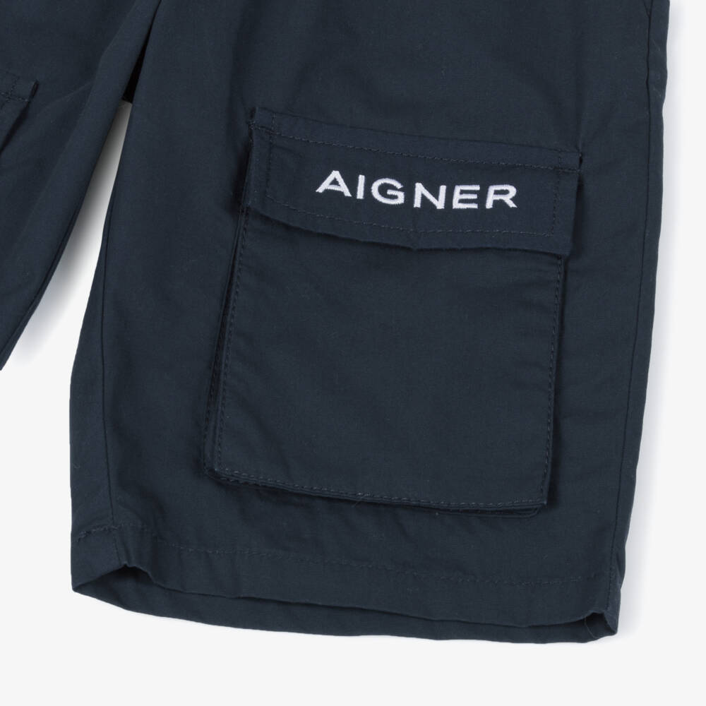 AIGNER-Boys Navy Blue Cotton Poplin Drawstring Shorts | Childrensalon