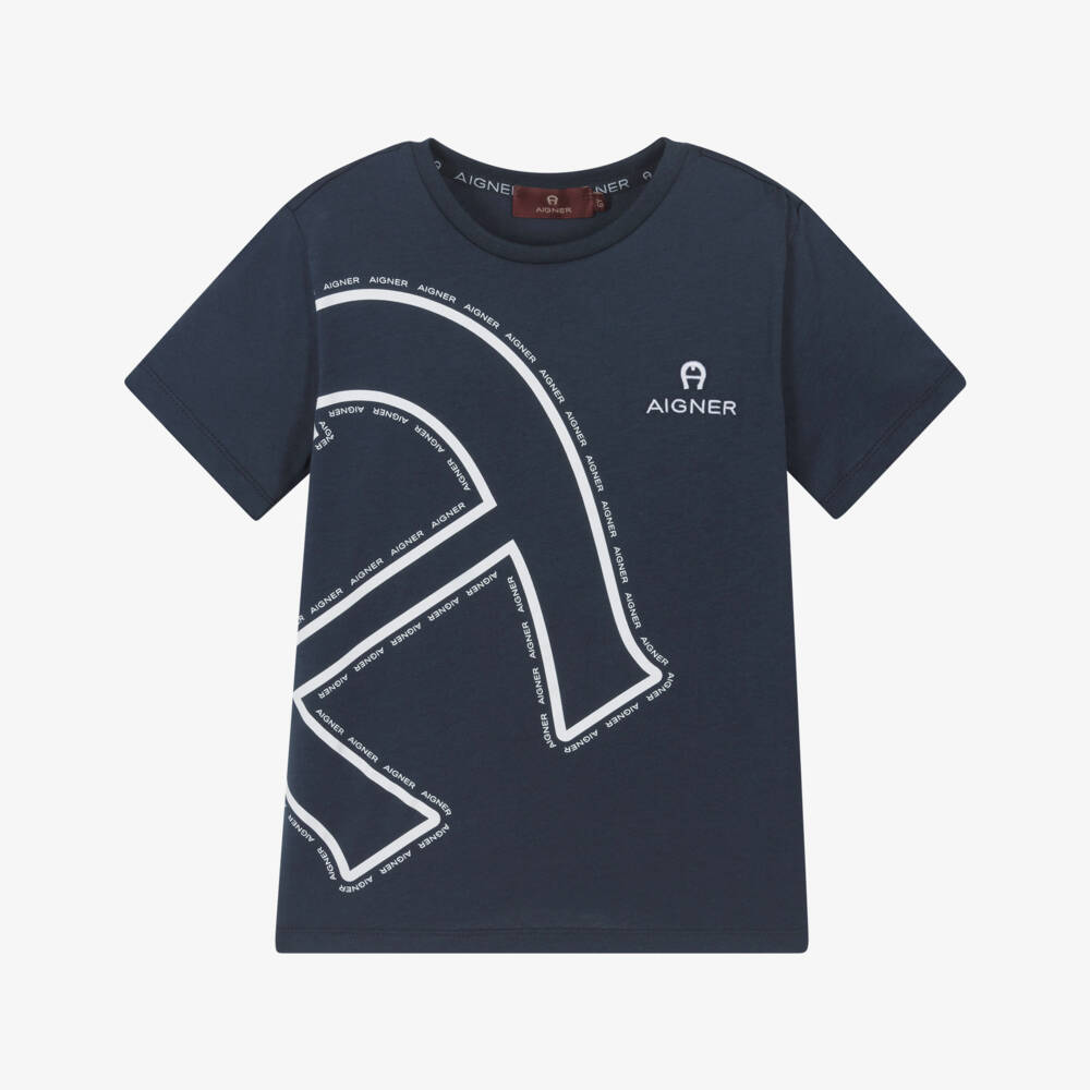 AIGNER-Boys Navy Blue Cotton T-Shirt with Oversized Logo Print | Childrensalon