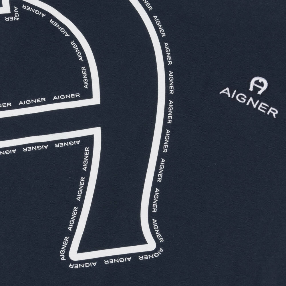 AIGNER-Boys Navy Blue Cotton T-Shirt with Oversized Logo Print | Childrensalon