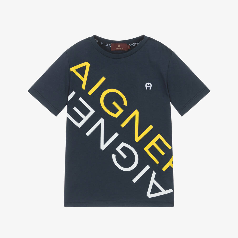 AIGNER-Boys Navy Blue Cotton T-Shirt with Yellow & White Logo Print | Childrensalon