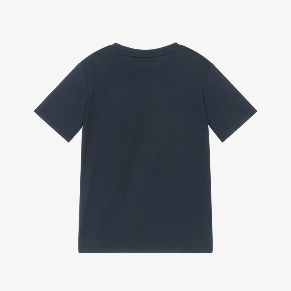 AIGNER-Boys Navy Blue Cotton T-Shirt with Yellow & White Logo Print | Childrensalon