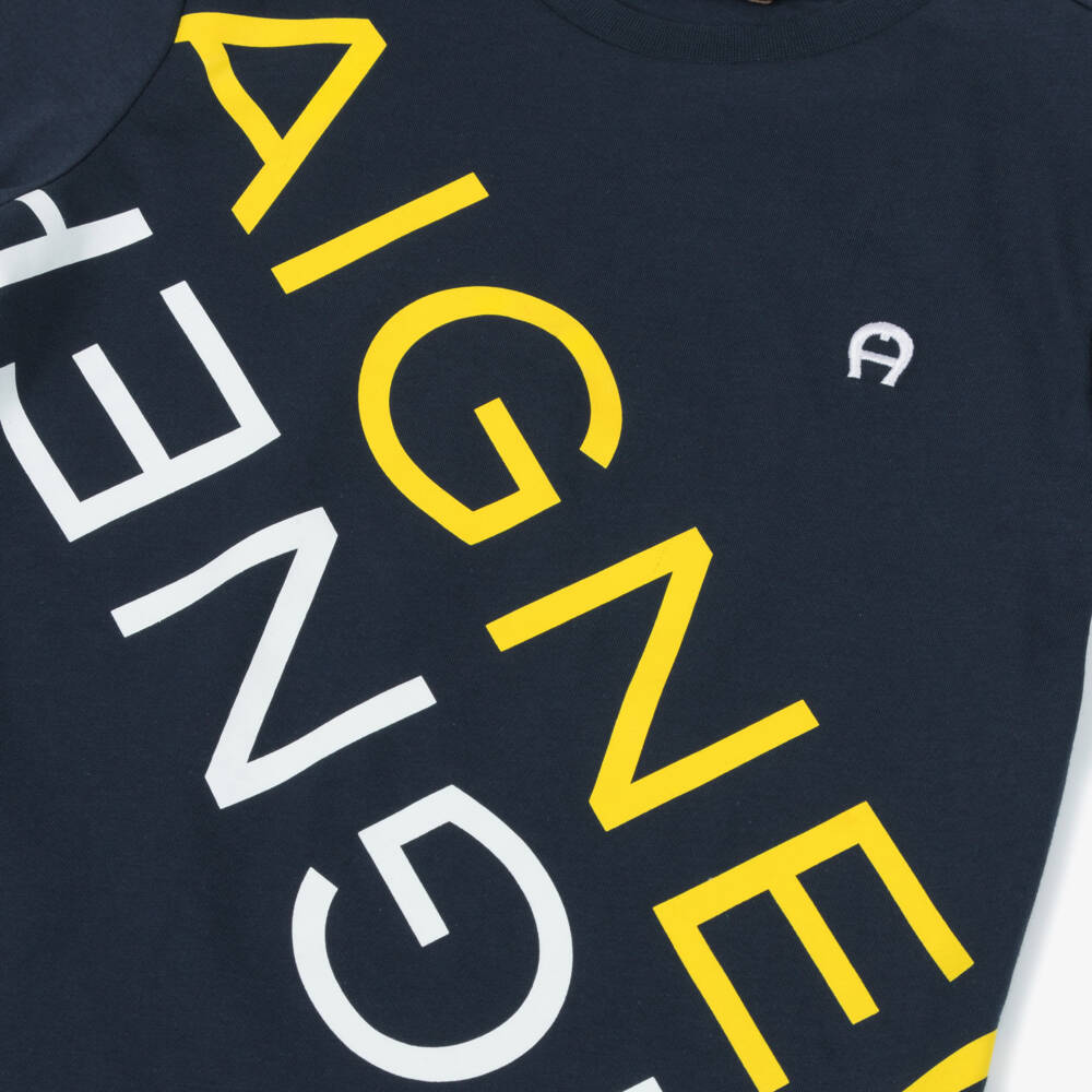 AIGNER-Boys Navy Blue Cotton T-Shirt with Yellow & White Logo Print | Childrensalon