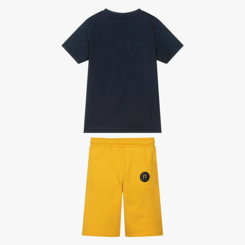 AIGNER-Boys Navy Blue & Mustard Yellow Cotton Shorts Set | Childrensalon
