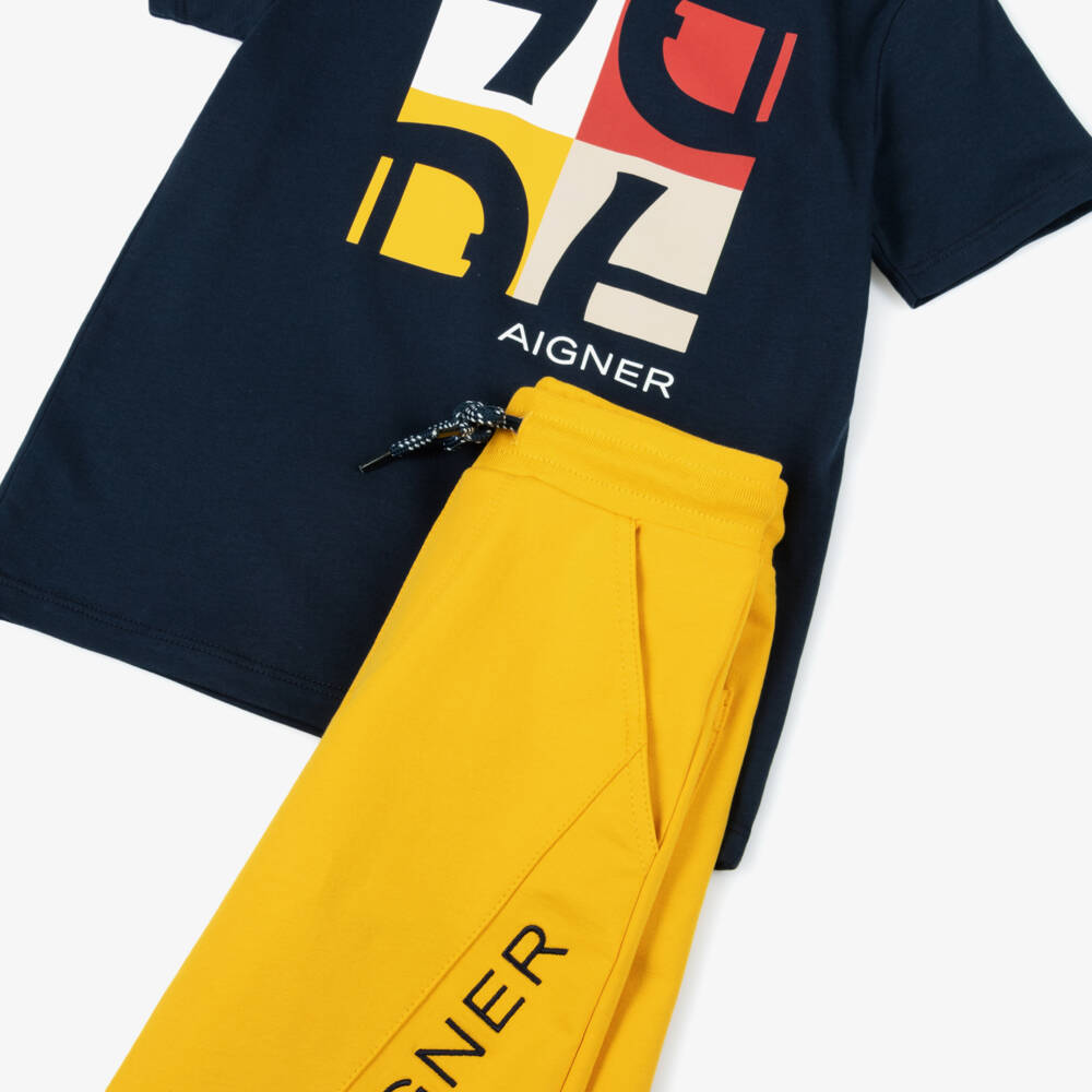 AIGNER-Boys Navy Blue & Mustard Yellow Cotton Shorts Set | Childrensalon