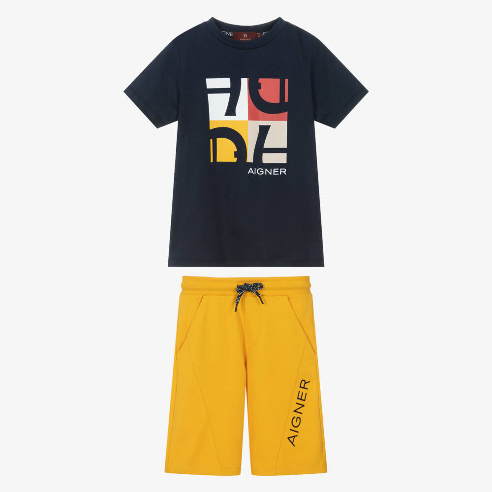 AIGNER-Boys Navy Blue & Mustard Yellow Cotton Shorts Set | Childrensalon