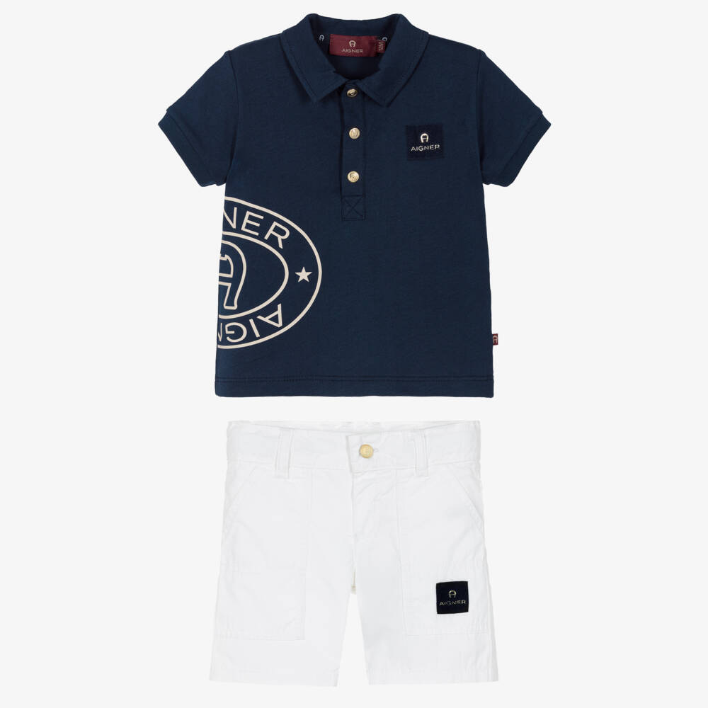 AIGNER-Boys Navy Blue Polo Shirt & Ivory Cotton Shorts Set | Childrensalon
