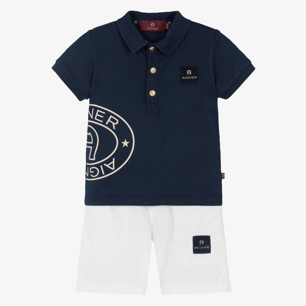 AIGNER-Boys Navy Blue Polo Shirt & Ivory Cotton Shorts Set | Childrensalon
