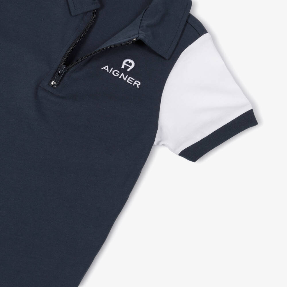 AIGNER-Boys Navy Blue & White Cotton Polo Shirt with Zip Fastening | Childrensalon