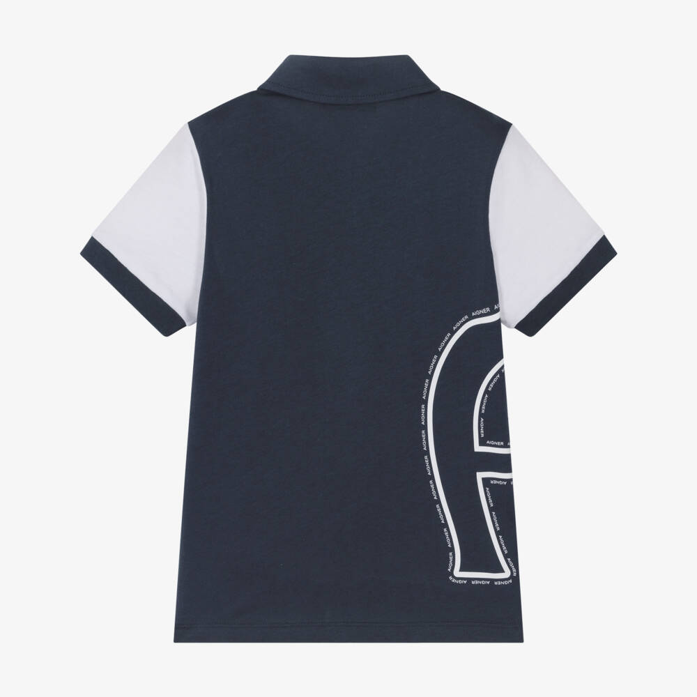 AIGNER-Boys Navy Blue & White Cotton Polo Shirt with Zip Fastening | Childrensalon