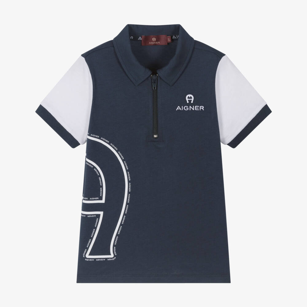 AIGNER-Boys Navy Blue & White Cotton Polo Shirt with Zip Fastening | Childrensalon