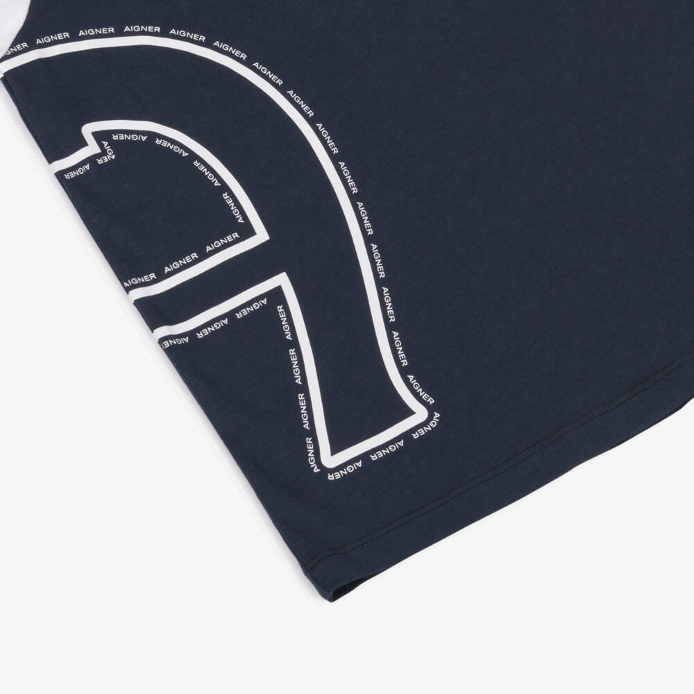 AIGNER-Boys Navy Blue & White Cotton Polo Shirt with Zip Fastening | Childrensalon