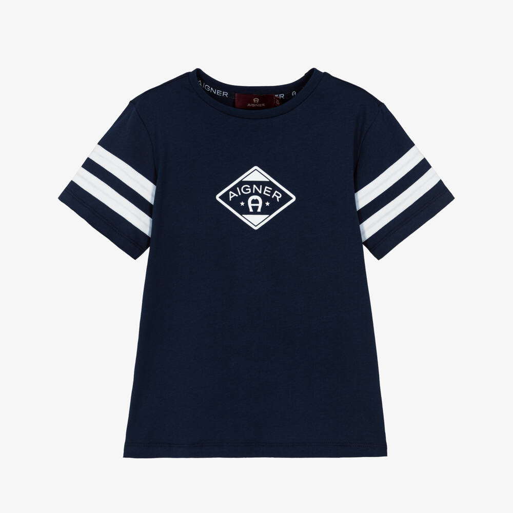 AIGNER-Boys Navy Blue & White Cotton Sporty T-Shirt | Childrensalon