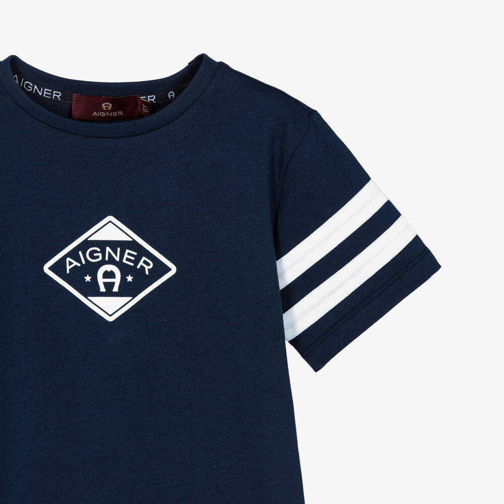 AIGNER-Boys Navy Blue & White Cotton Sporty T-Shirt | Childrensalon
