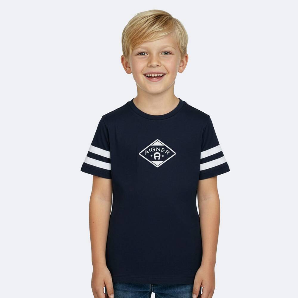 AIGNER-Boys Navy Blue & White Cotton Sporty T-Shirt | Childrensalon