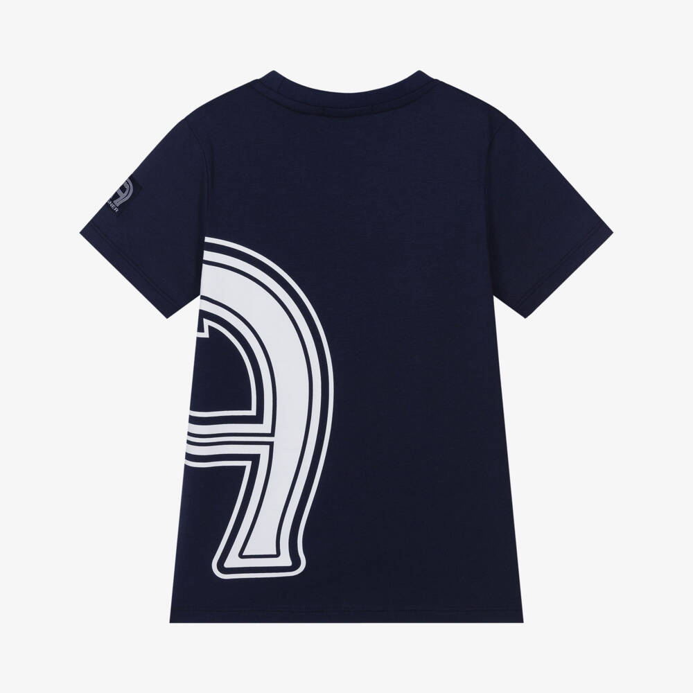 AIGNER-Boys Navy Blue & White Horseshoe Logo Cotton T-Shirt | Childrensalon