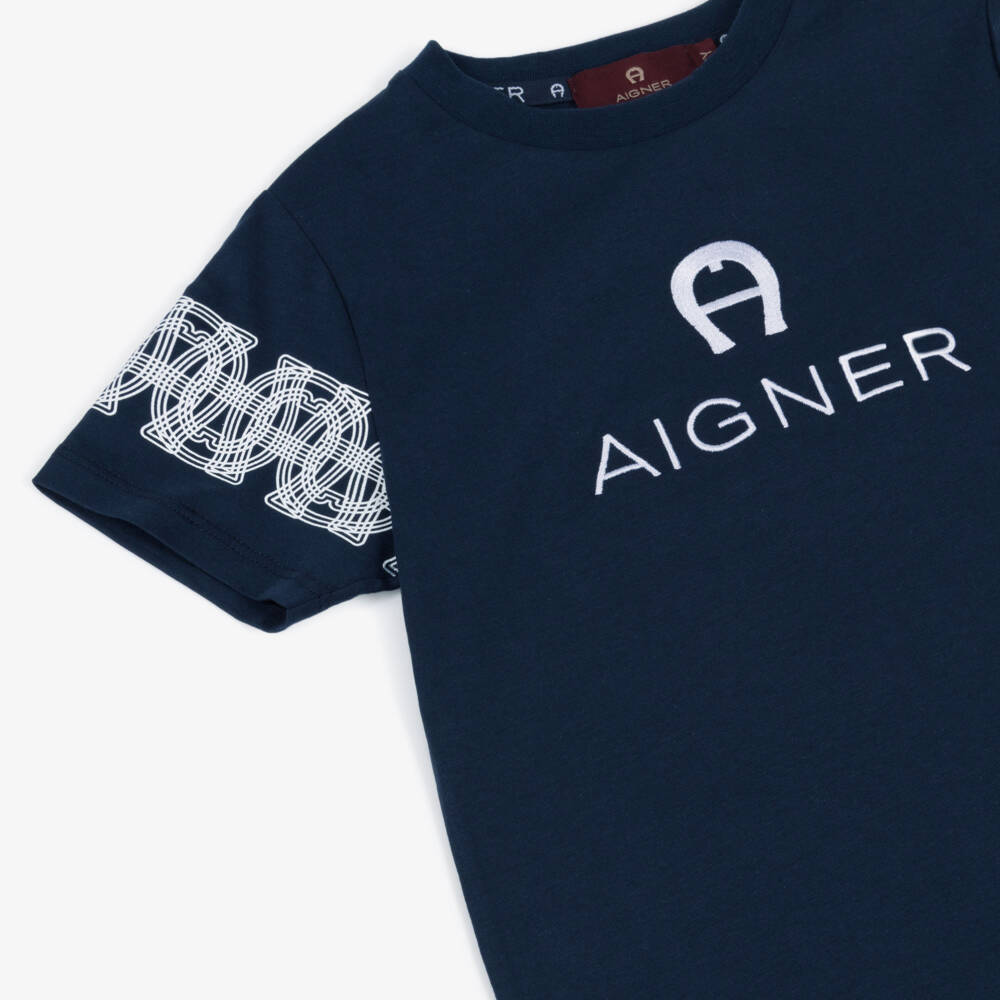 AIGNER-Boys Navy Blue & White Logo Cotton Jersey T-Shirt | Childrensalon
