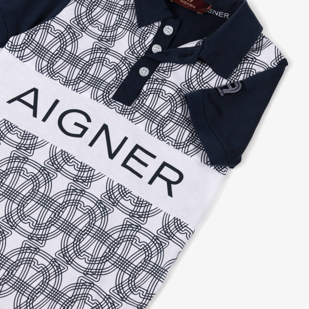 AIGNER-قميص بولو قطن لون أبيض وكحلي للأولاد | Childrensalon