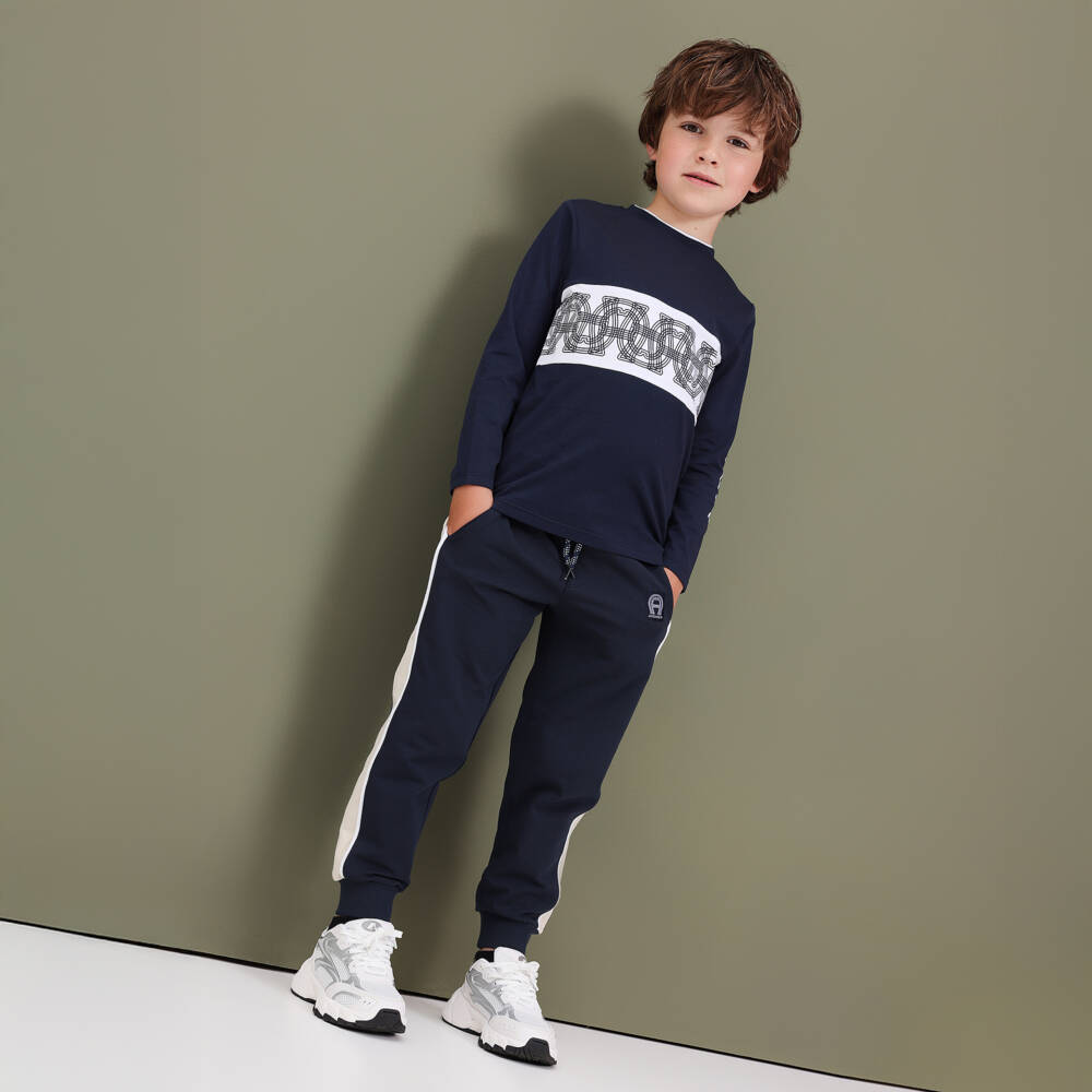 AIGNER-تيشيرت بشعار قطن لون كحلي وأبيض للأولاد  | Childrensalon