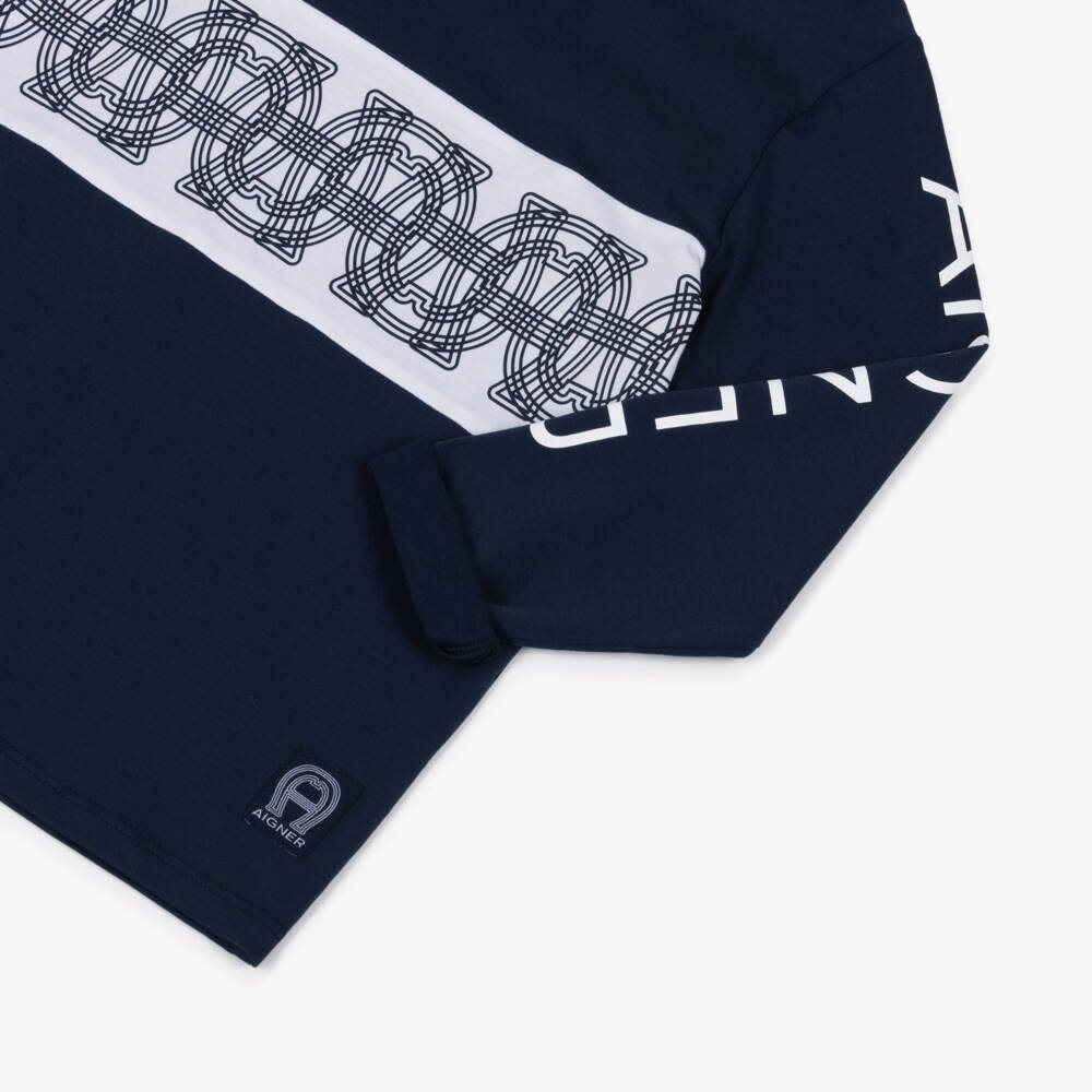 AIGNER-تيشيرت بشعار قطن لون كحلي وأبيض للأولاد  | Childrensalon