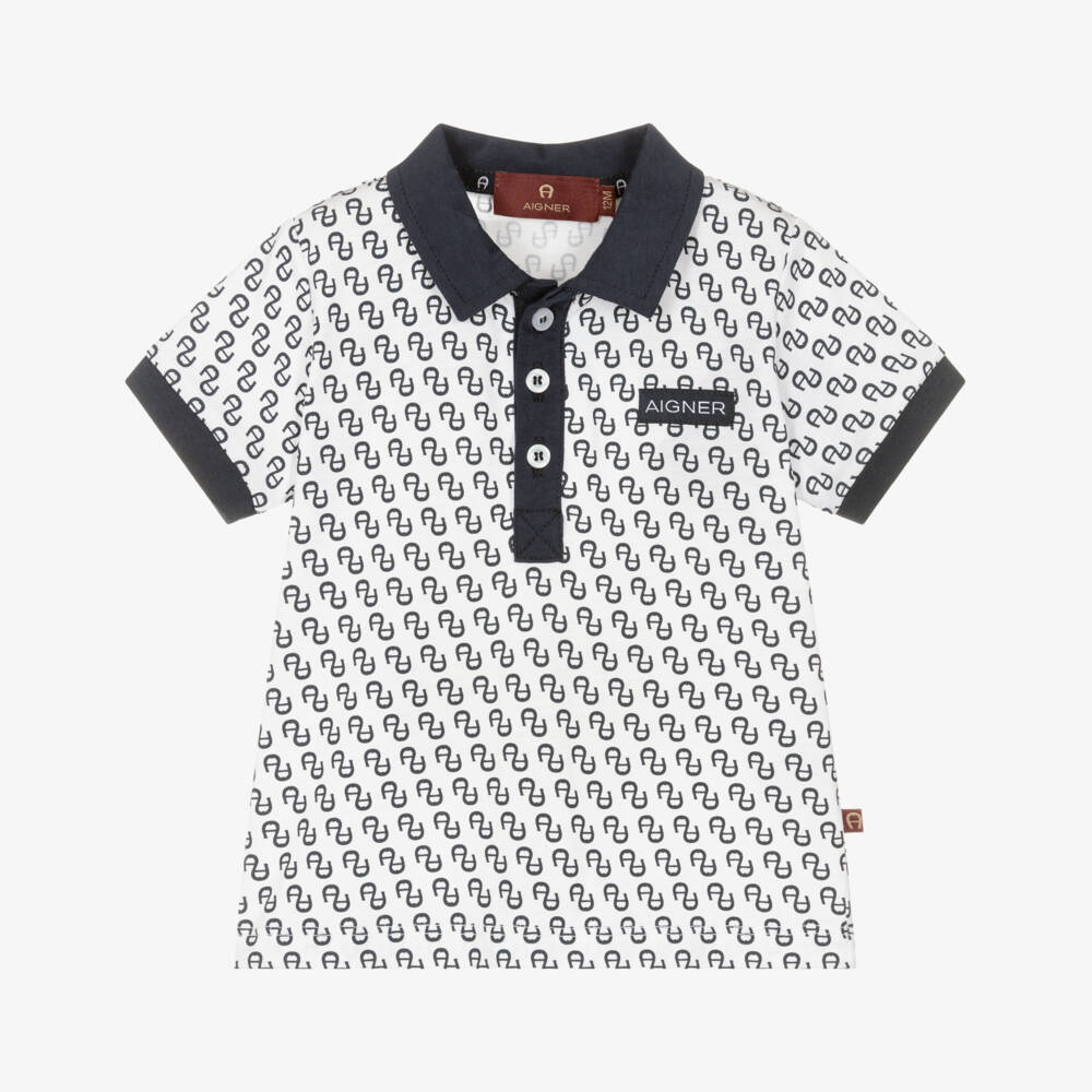 AIGNER-Boys Navy Blue & White Logo Pattern Polo Shirt | Childrensalon