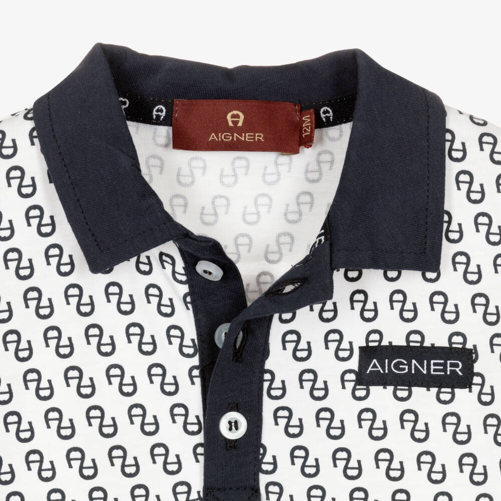 AIGNER-Boys Navy Blue & White Logo Pattern Polo Shirt | Childrensalon
