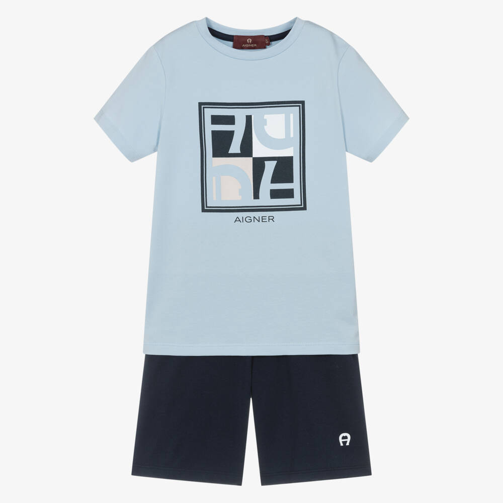 AIGNER-Boys Navy & Pale Blue Short Pyjamas with Graphic Logo | Childrensalon