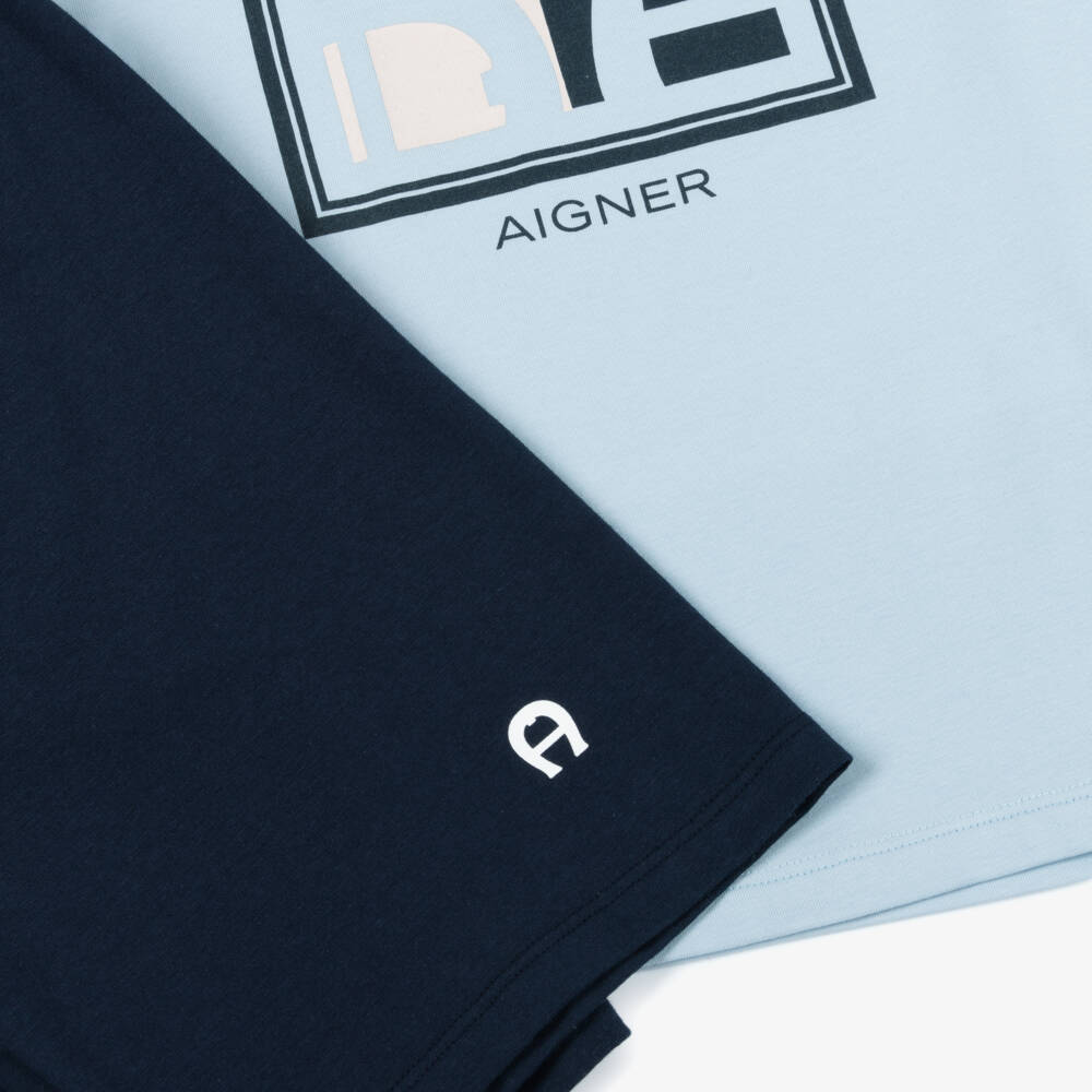 AIGNER-Boys Navy & Pale Blue Short Pyjamas with Graphic Logo | Childrensalon