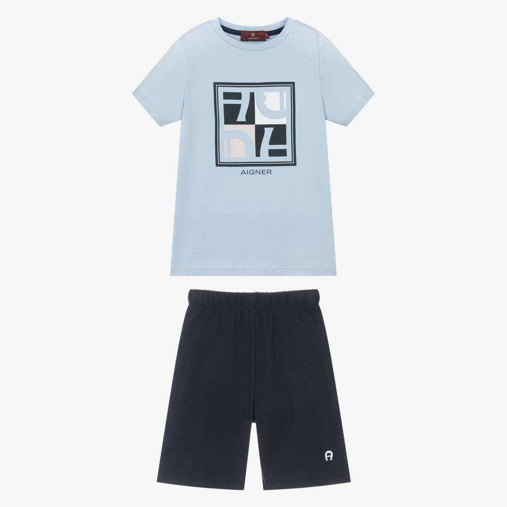 AIGNER-Boys Navy & Pale Blue Short Pyjamas with Graphic Logo | Childrensalon