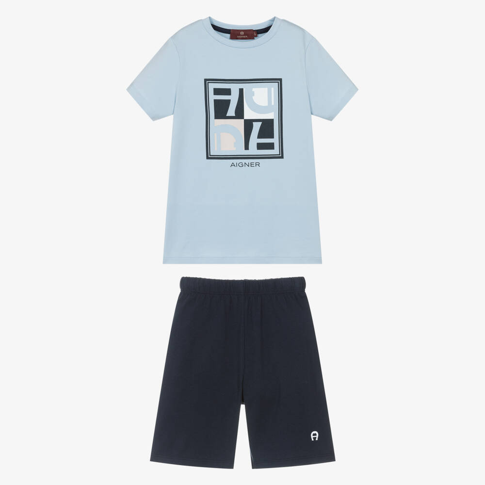 AIGNER-Boys Navy & Pale Blue Short Pyjamas with Graphic Logo | Childrensalon