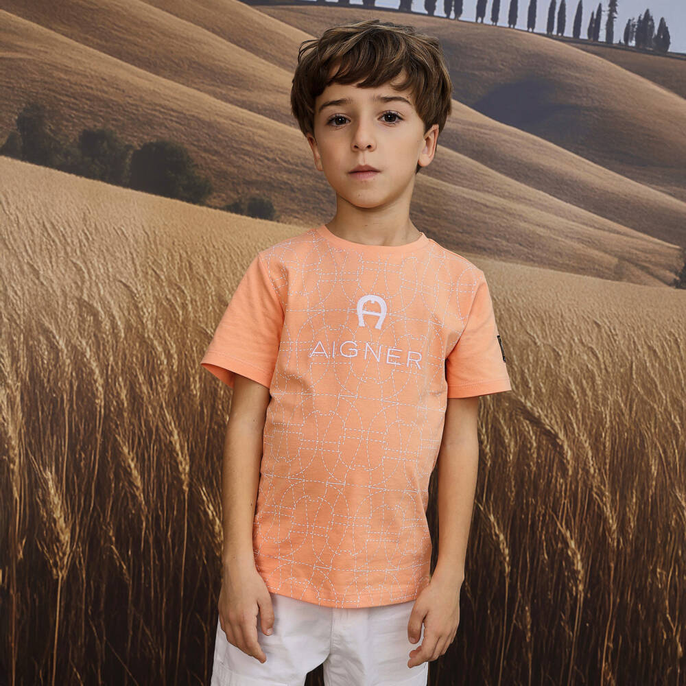 AIGNER-футболка оранжевая хлопковая с белым логотипом для мальчиков | Childrensalon