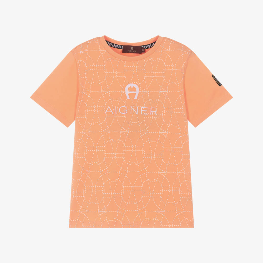 AIGNER-Boys Orange Cotton T-Shirt with White Logo Pattern | Childrensalon