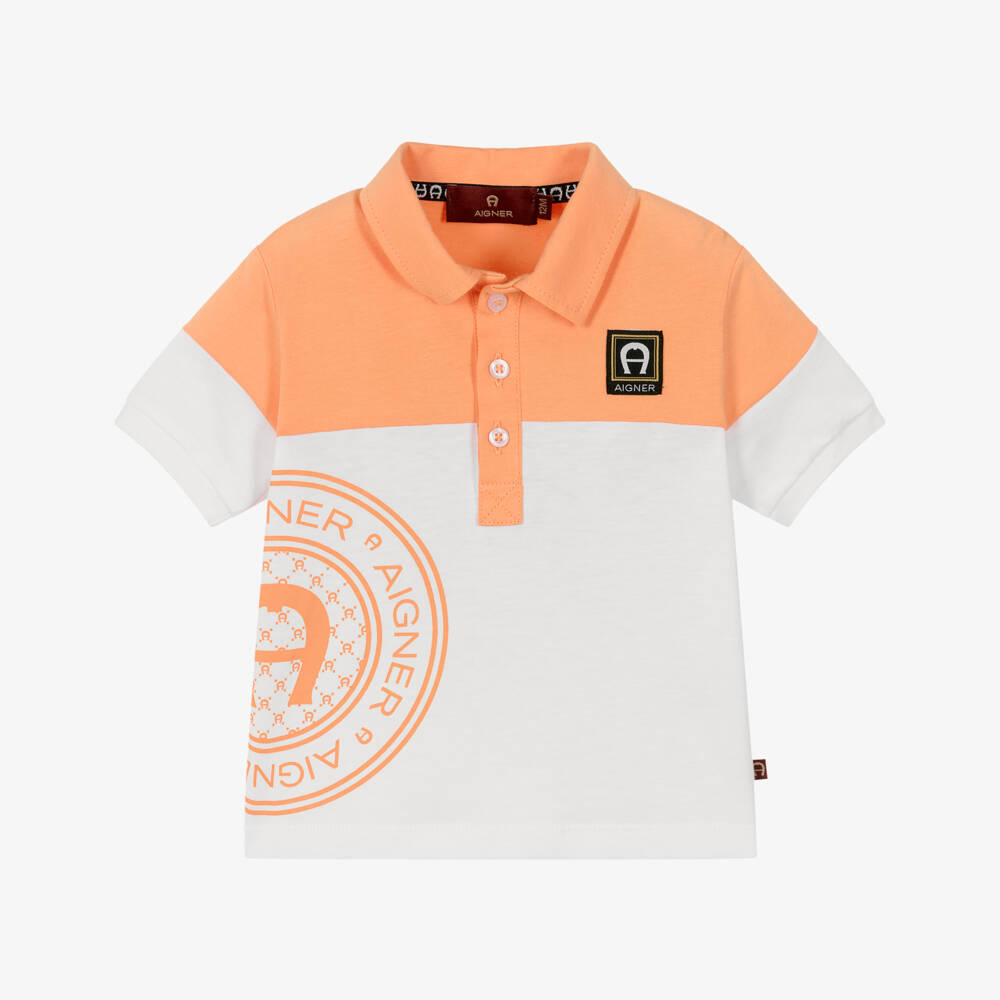 AIGNER-Boys Orange & White Cotton Jersey Polo Shirt | Childrensalon